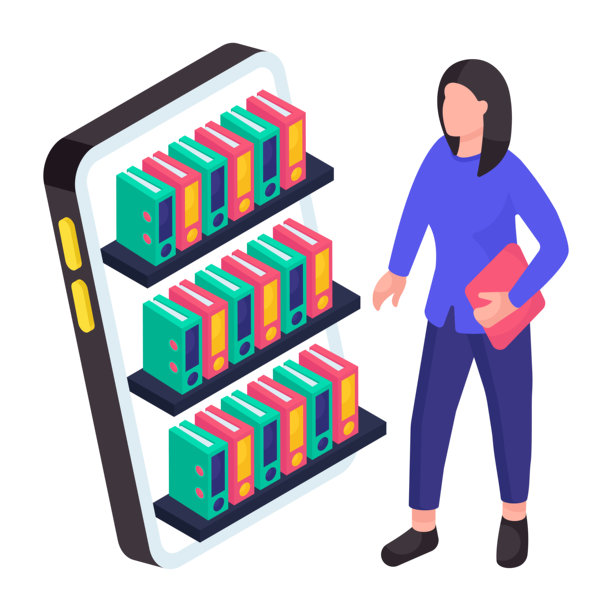 手机图书馆的概念等距设计插画图片下载