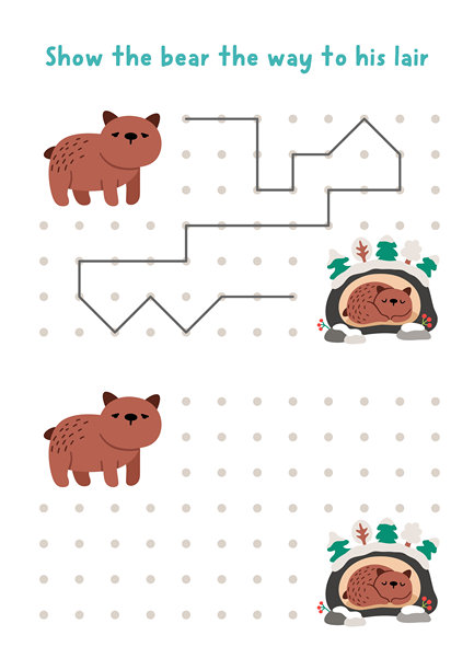 圣诞节或新年儿童绘画、书写、描摹、空间方位活动，棕熊准备进入洞穴。按照示例在方框内画线。冬季假期可打印游戏、谜题图片下载