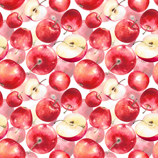 苹果，完整和半个，红色新鲜采摘的成熟水果手绘水彩插画，孤立在白色背景上。多汁的无缝图案，适用于花园、收获、厨房、食品设计、纺织品、印刷品、壁纸。图片下载