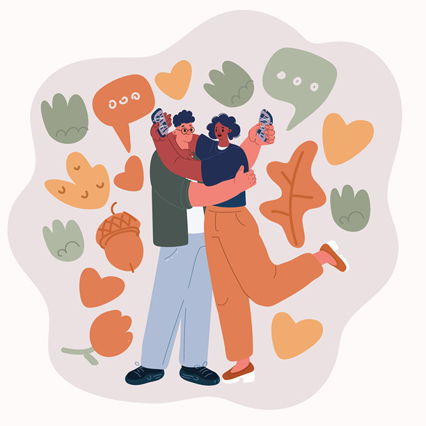 一对情侣拥抱在一起，但各自看着手机的矢量插画，象征着现代爱情关系中爱与科技的并存。图片下载