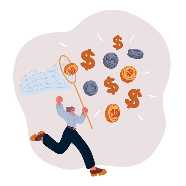 一名女子持网奔跑追逐飞舞金币的矢量插画图片下载