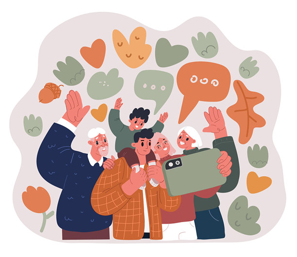 向量插画，描绘一家人在公园野餐的场景，包含祖父母、父母和孙辈三代同堂，庆祝团聚和欢乐。图片下载