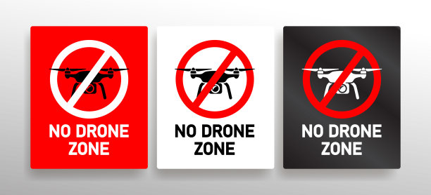 无人机禁飞区矢量图集，包含禁止飞行的四旋翼无人机和间谍相机标志。隐私、安全和限制空域警告图标。禁止和禁区矢量标签插画设计。图片下载
