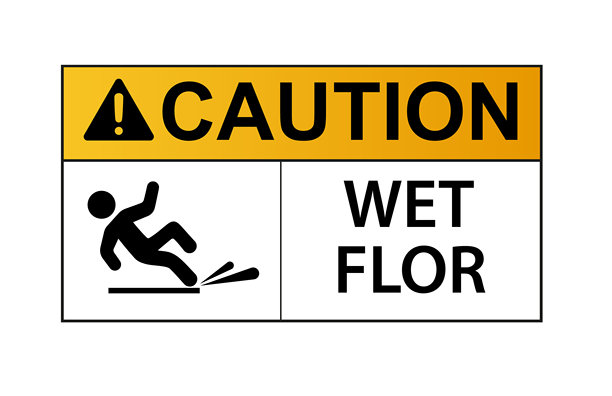 湿滑地面警示牌。危险，湿滑表面，请小心。橙色警示牌，矢量图。图片下载