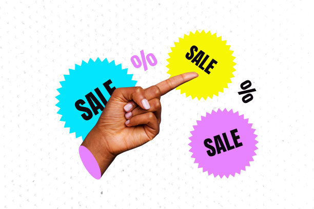 独家3D全景照片拼贴，展示一只手指向百分比符号，象征市场促销、促销活动和最终折扣优惠价格。图片下载
