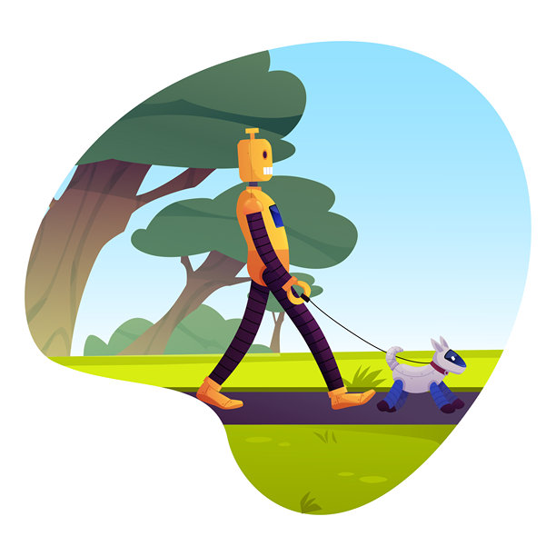 机器人牵着机器狗在自然环境中行走，智能城市，矢量人工智能主人和宠物图片下载