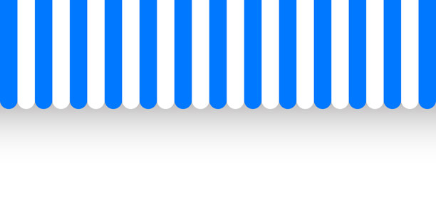 商店遮阳篷。逼真的条纹咖啡馆遮阳篷。户外市场帐篷。屋顶遮阳篷。夏季街边店铺。矢量插画图片下载