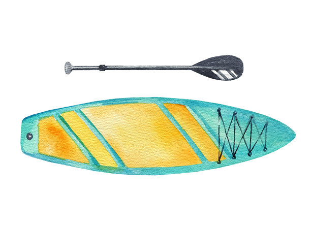 水彩充气桨板站立，黑色桨，手绘插画风格的明亮立式桨板，海边、海洋、河流的活动运动装备，夏日水上度假的素描图片下载