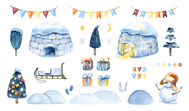 圣诞节物品套装：雪屋、节日旗帜花环、雪人、礼品盒、雪橇、装饰树、雪堆。新年雪景元素。儿童水彩插画，剪贴画，孤立于背景。图片下载