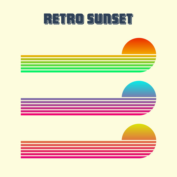复古多彩的日落。80年代和90年代风格的各种渐变条纹日出徽章。太阳和海洋景观，夏日氛围，冲浪。用于印刷品、标志或T恤的设计元素。矢量插画图片下载