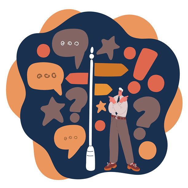 卡通矢量插画，描绘一个男人自信地站在十字路口，分析着指向多条道路的路标，象征着重要的人生选择和个人成长。图片下载