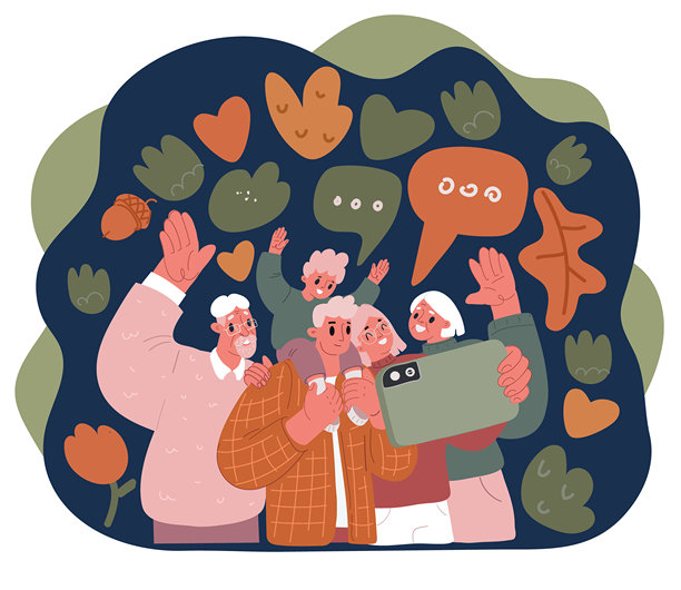 多代同堂的家庭快乐地合影留念的卡通矢量插画，展现了祖父母、父母和孙辈之间共享的爱与亲情。图片下载