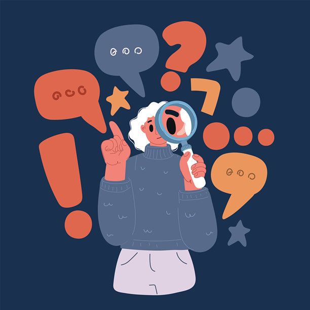 卡通矢量插画，一位女性通过放大镜看向你，象征着好奇心和对更深层次理解的探索图片下载