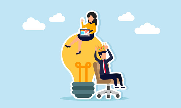 一名戴着皇冠的商界男士坐在一位使用笔记本电脑的女商界人士旁边，象征着公司工作系统，员工辛勤工作而老板享受成果的插画。图片下载