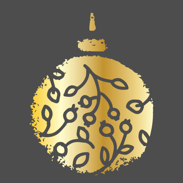 深灰色背景上手绘植物图案的优雅金色圣诞装饰品插画图片下载