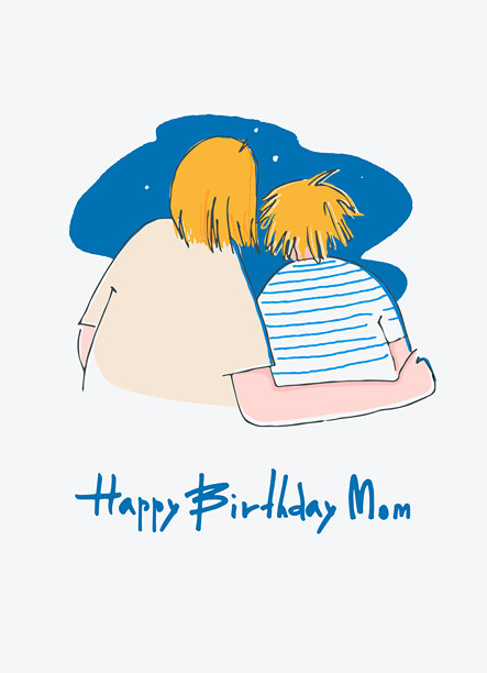 妈妈生日快乐贺卡设计，描绘了一位女士和一个男孩一起望着天空，采用时尚复古风格图片下载