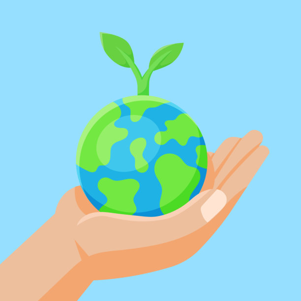 扁平化矢量插画 手持地球和绿色植物嫩芽。保护地球插画图片下载