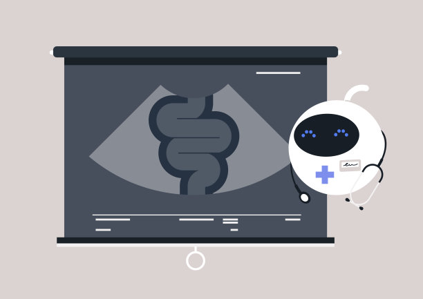 在一个时尚的医疗室里，一个机器人助手正在进行先进的X光扫描，并将详细图像投射到屏幕上，用于健康评估和诊断目的图片下载