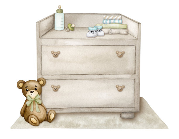 梳妆台，换尿布台。新生儿卧室的片段，有婴儿用品、配件和玩具。斯堪的纳维亚、波西米亚、复古风格的托儿所家具。手绘水彩插画。图片下载