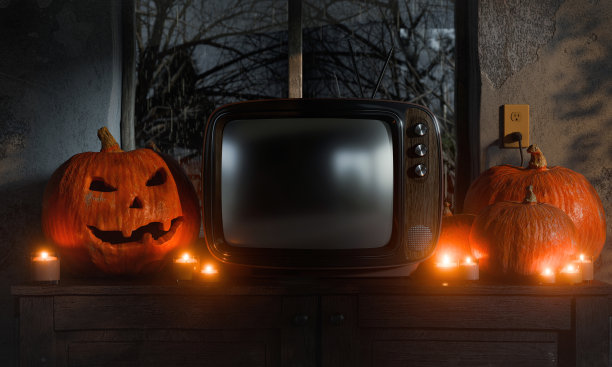 复古电视屏幕模型，带有南瓜和蜡烛——万圣节背景——使用屏幕混合模式添加您的内容图片下载