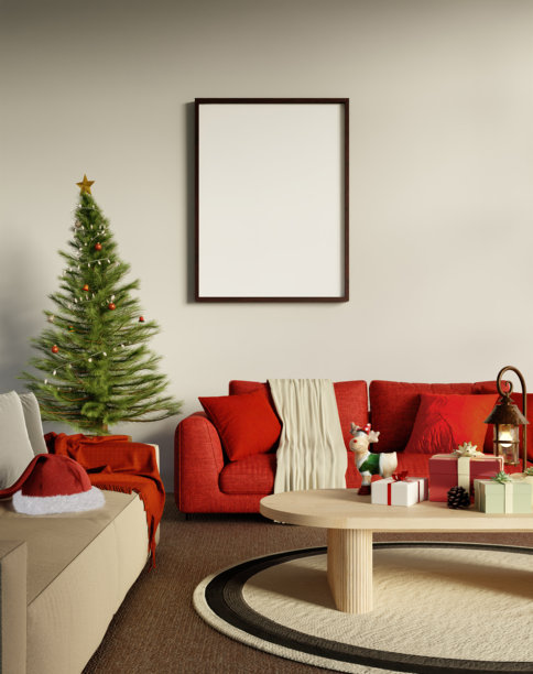 圣诞客厅设计，装饰有圣诞树和节日装饰元素。3D渲染插画图片下载