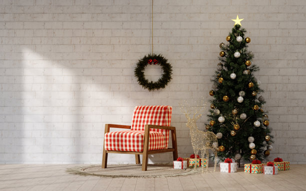 圣诞假日客厅，配有节日装饰的圣诞树和欢乐的装饰品。3D渲染插画图片下载
