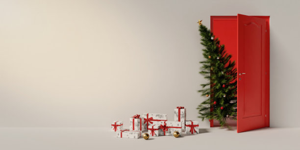 打开的门里探出的圣诞树和节日礼物。3D渲染插画图片下载