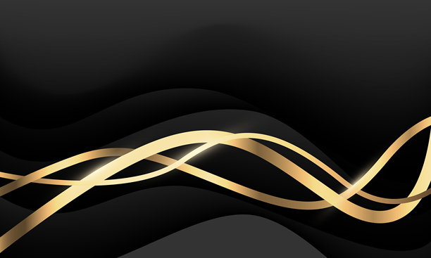 抽象金色丝带波浪曲线重叠在黑色背景上，带有空白空间设计，奢华背景矢量图图片下载