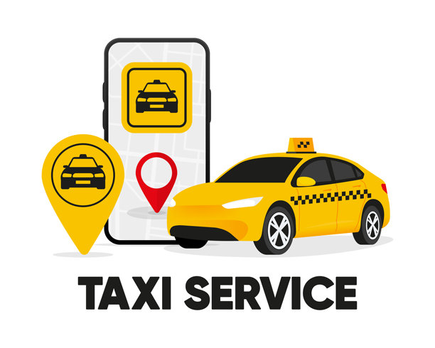 出租车服务。在城市街道上使用手机应用程序叫出租车。位置标记。矢量插画。图片下载