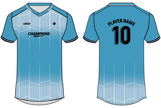 运动T恤球衣设计平面草图插画，渐变线条图案V领足球服概念，包含前后视图，适用于足球、板球、排球、橄榄球、网球、羽毛球运动服套装图片下载