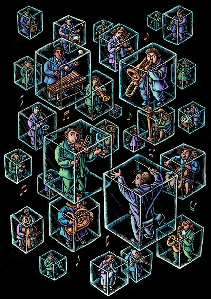 乐队成员漂浮在黑色空间中的透明玻璃立方体内，指挥家在另一个立方体中图片下载