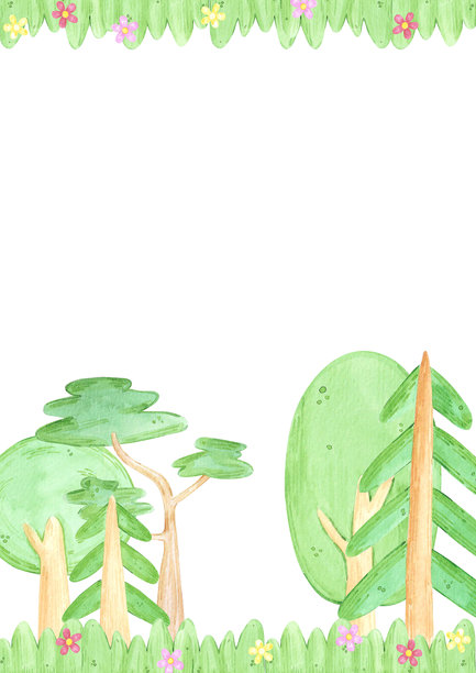 手绘水彩树木和花卉明信片框架边框。绿色森林插画，孤立在白色背景上。可用于明信片、标签、剪贴簿和其他印刷品。图片下载