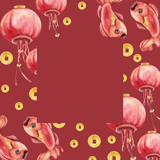 中国春节水彩红鲤鱼、户外灯笼和金币插画横幅。手绘卡片、邀请函设计框架模板。亚洲农历新年图片下载