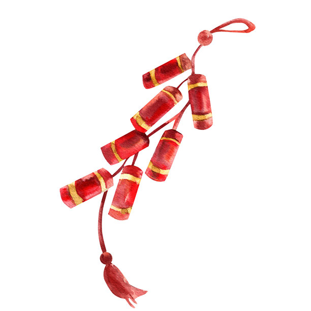 亚洲传统鞭炮水彩插画。孤立的红色鞭炮挂在绳子上，中国春节节日装饰，户外庆祝剪贴画，用于卡片、海报、邀请函设计图片下载