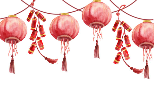 中国农历新年节日庆典横幅模板，包含纸灯笼和鞭炮的水彩插画。手绘亚洲春节剪贴画，适用于卡片、海报设计。图片下载