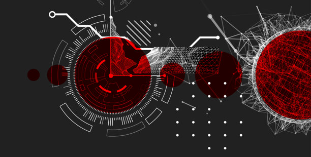 科技艺术。在一个插画中结合了带有科技线条和圆圈的球体。矢量图。图片下载