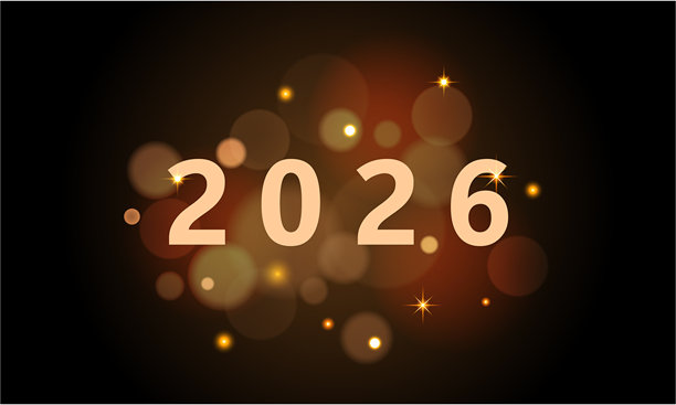 庆祝 2026 新年：优雅的假日横幅，深色背景上带有抽象的金色灯光和数字，并配有色彩效果。海报、传单和网页插画模板图片下载