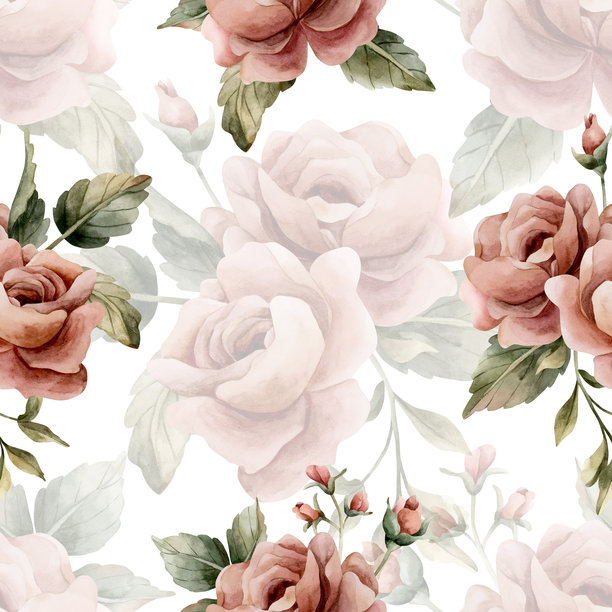 玫瑰花在白色背景上无缝图案，灰粉色，维多利亚风格，水彩手绘花卉插画图片下载