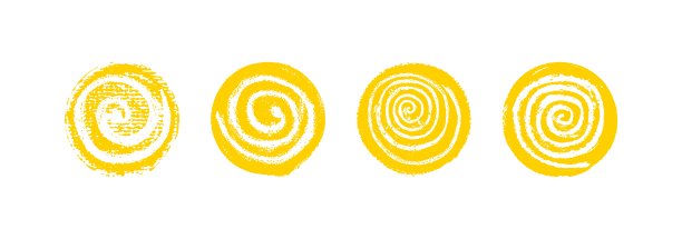 黄色圆圈螺旋集合。太阳图标集。儿童风格的蜡笔漩涡，展示液体飞溅的动态、弯曲的旋转运动，如同在学校的黑板上。矢量插画。图片下载