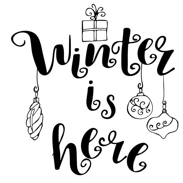 冬天来了手写文字，配有圣诞装饰品和礼品盒。节日问候卡、海报和冬季设计的节日引言。黑白书法矢量插画。图片下载