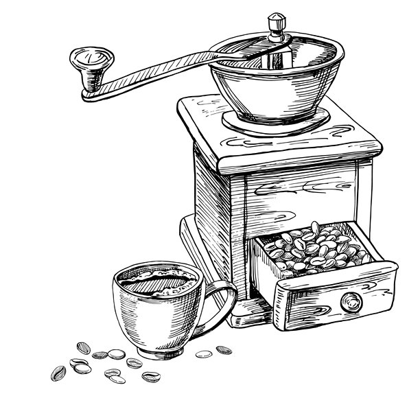 复古咖啡研磨机，配有咖啡杯和咖啡豆。适用于咖啡店室内设计、菜单设计、包装、厨房用品和纺织品的写实矢量插画。图片下载