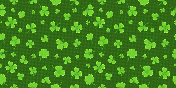 三叶草或酢浆草叶子扁平化设计，绿色无缝图案，白背景上飘落的叶子，矢量插画。图片下载