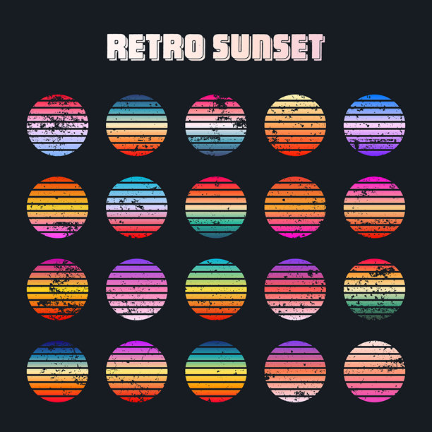 复古色彩斑斓的日落，带有颓废风格。80、90年代风格的条纹渐变日出徽章。阳光与海景，夏日氛围，冲浪。用于印刷品、徽标或T恤的设计元素。矢量插画图片下载