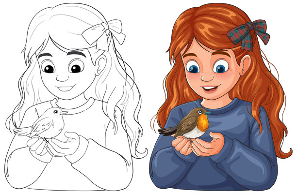 红发女孩手中抱着知更鸟的插画图片下载