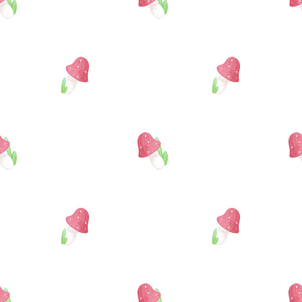 手绘水彩风格的毒蝇伞蘑菇和草地无缝图案。插画孤立在白色背景上。可用于纺织品、布料、剪贴簿及其他印刷产品。图片下载
