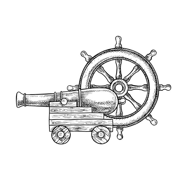 一门旧加农炮和船舵。黑白图形，矢量插画。手绘。一门中世纪时期的船用加农炮，装在木制炮架上。用于装饰儿童游戏、庆祝活动。图片下载