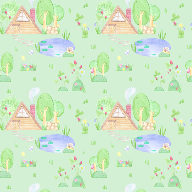 手绘水彩小屋和几棵小树，带有池塘的无缝图案。森林插画，孤立在蓝色背景上。可用于纺织品、布料、剪贴簿及其他印刷产品。图片下载