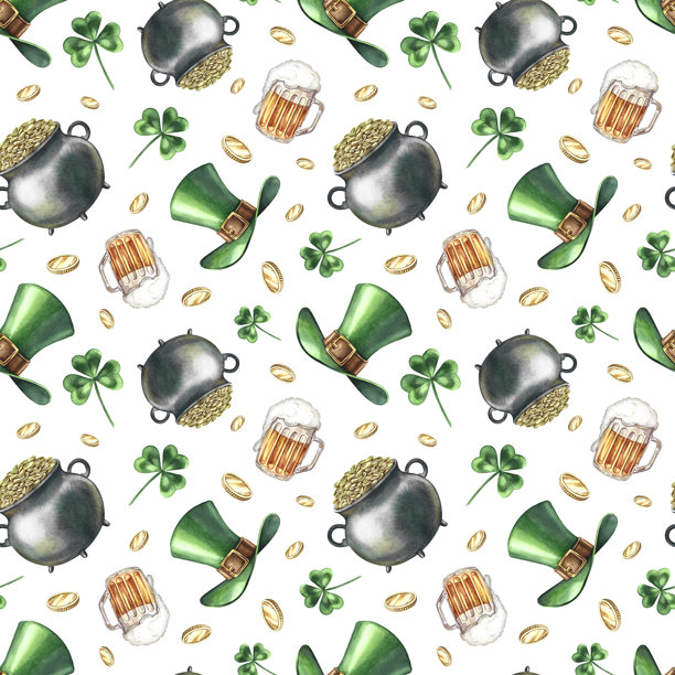绿色小矮人帽、三叶草、金币罐和啤酒的无缝图案。手绘水彩插画。适用于圣帕特里克节，用于纺织品、包装纸、包装、节日装饰。图片下载