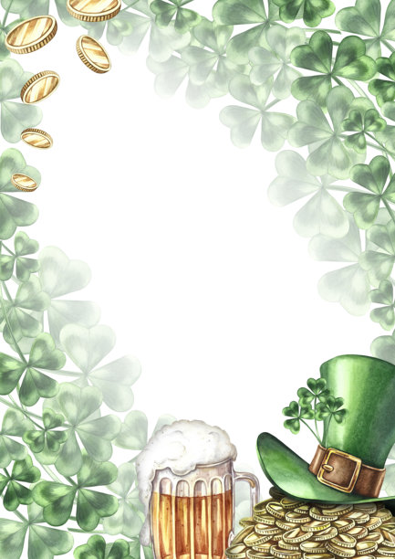 圣帕特里克节图画边框。手绘水彩插画。一个爱尔兰小鬼的圆筒帽、金币、啤酒杯和三叶草。用于贺卡、邀请函、横幅、海报等。图片下载