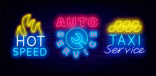 出租车服务霓虹灯标志合集。汽车服务。赛车锦标赛。极速。公共交通。矢量插画图片下载